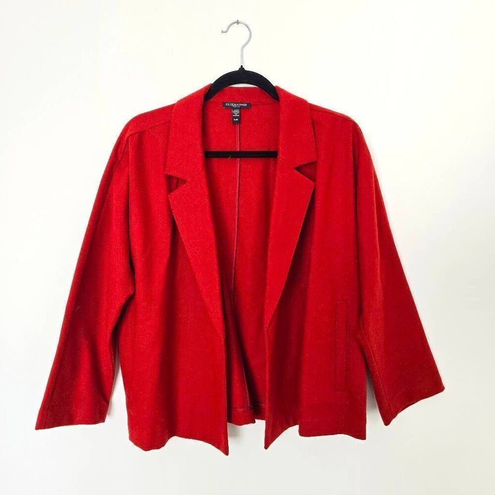 Eileen Fisher Blazer Women's Petite Large Red Notch Collared 100% Wool Jacket‎